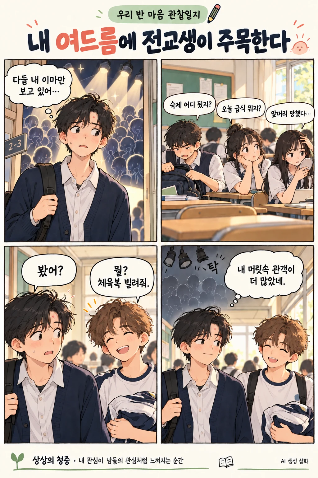 친구들의 시선이 걱정되는 교실과 각자의 관심사를 그린 네 컷 만화.