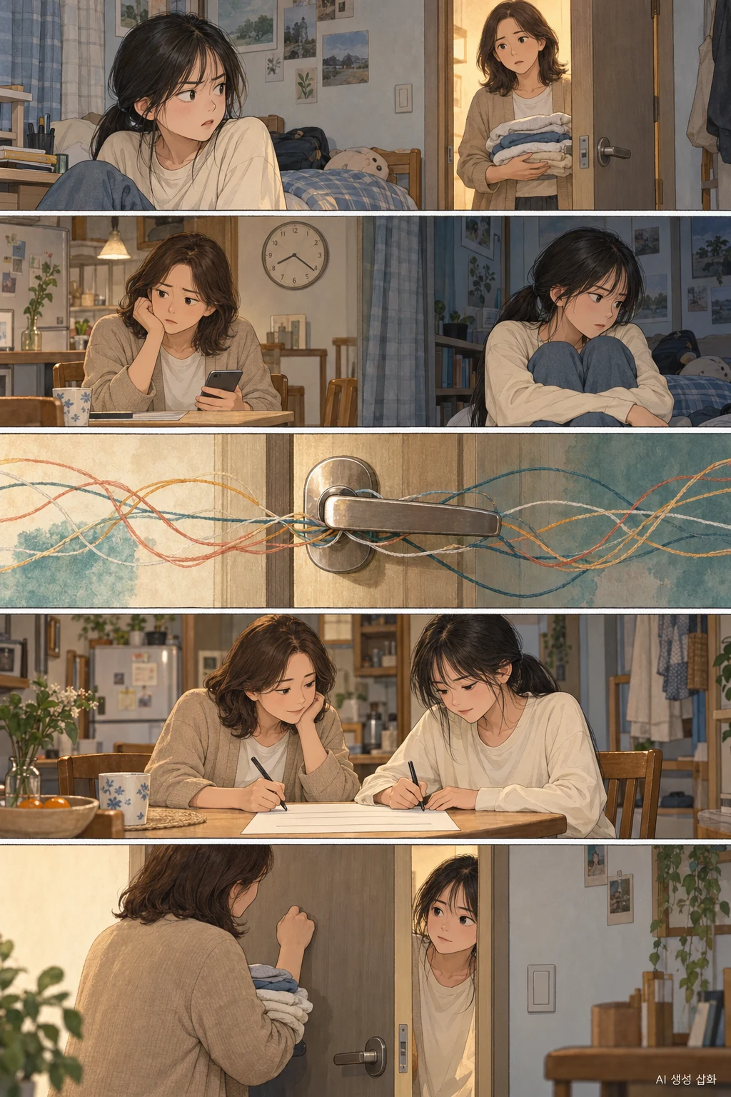 노크 없이 열린 방문 앞에서 놀란 해린과 걱정하는 어머니가 서로의 사정을 듣고 약속을 적은 뒤 노크하고 대화하는 다섯 컷 만화.