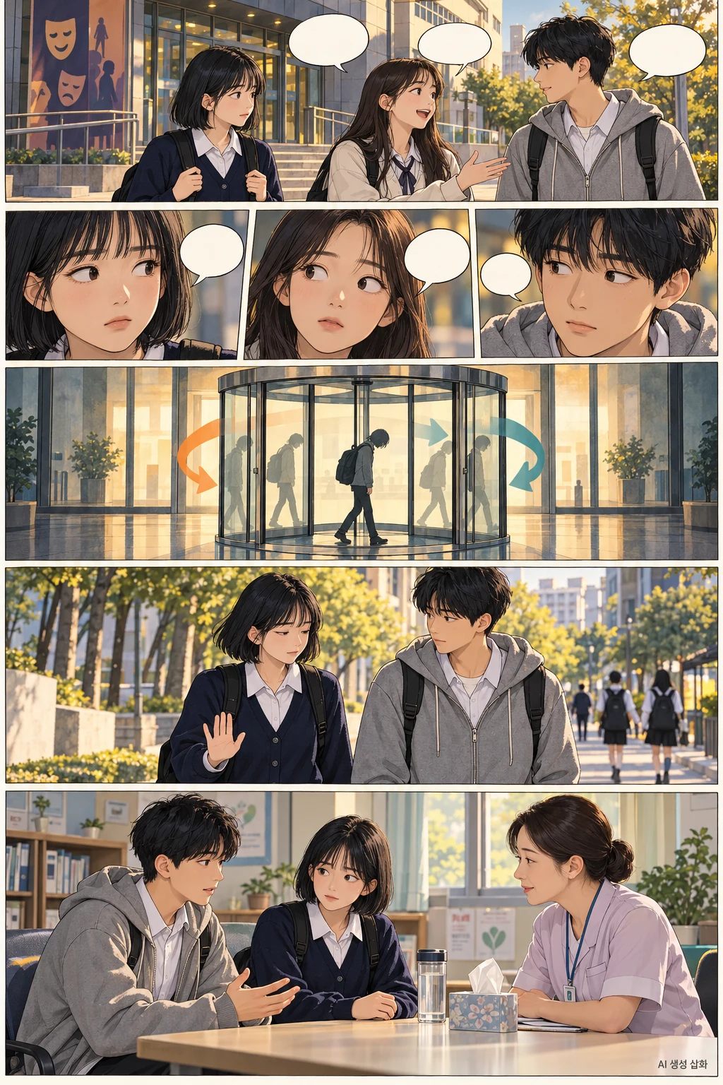 연습 뒤 친구들 사이에서 망설이는 서우, 서로 눈치를 보는 친구들, 반복되는 불편함을 표현한 회전문, 거절하고 자리를 옮기는 모습, 보건교사에게 도움을 구하는 민재의 다섯 컷 만화.
