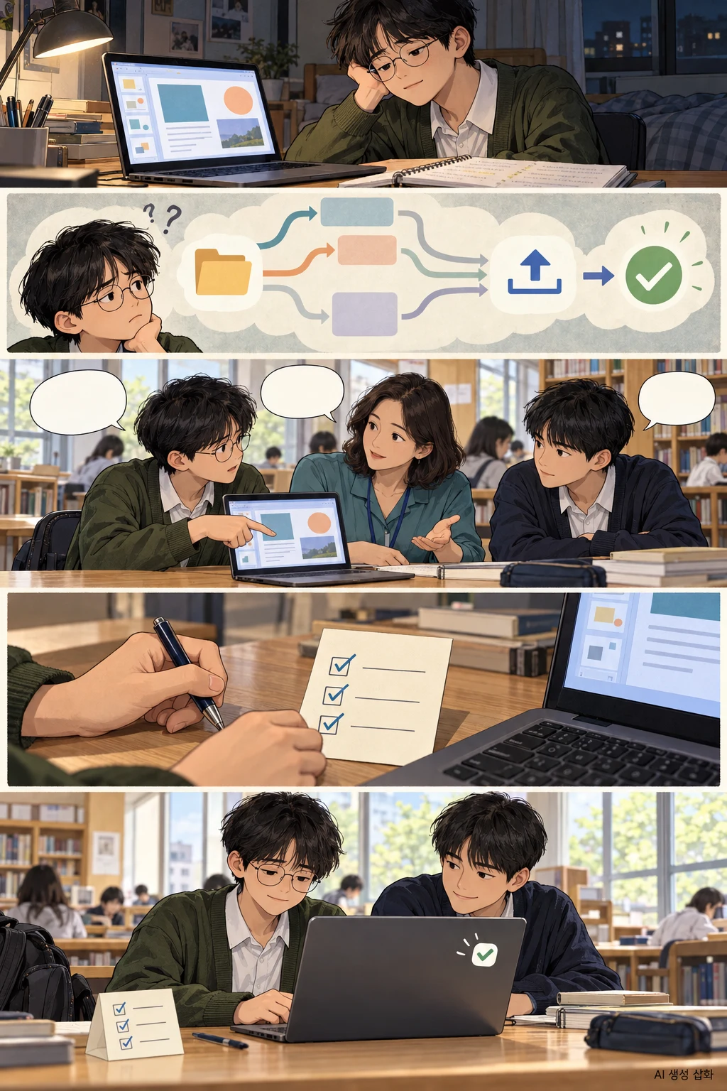 완성한 과제 앞의 지후, 제출까지 여러 갈래로 나뉜 길, 막힌 단계를 묻는 교사와 준, 작은 확인표를 만드는 손, 제출 확인 화면을 살피는 지후의 다섯 컷 만화.