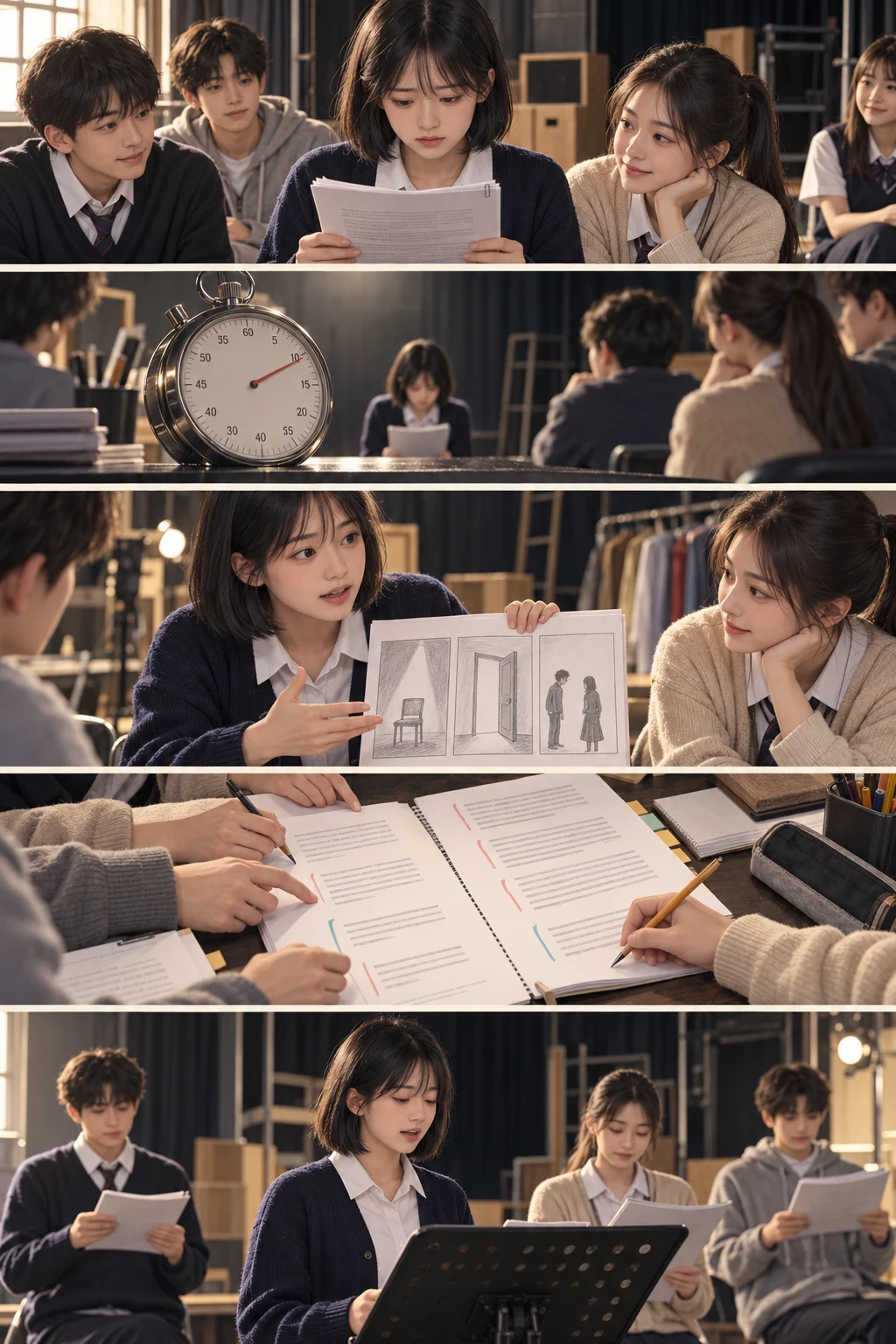 대본 앞에서 머뭇거리는 윤서, 커다란 초시계, 장면을 설명하는 윤서, 여백과 구간을 조정한 대본, 친구들과 대사를 이어가는 다섯 컷 만화.