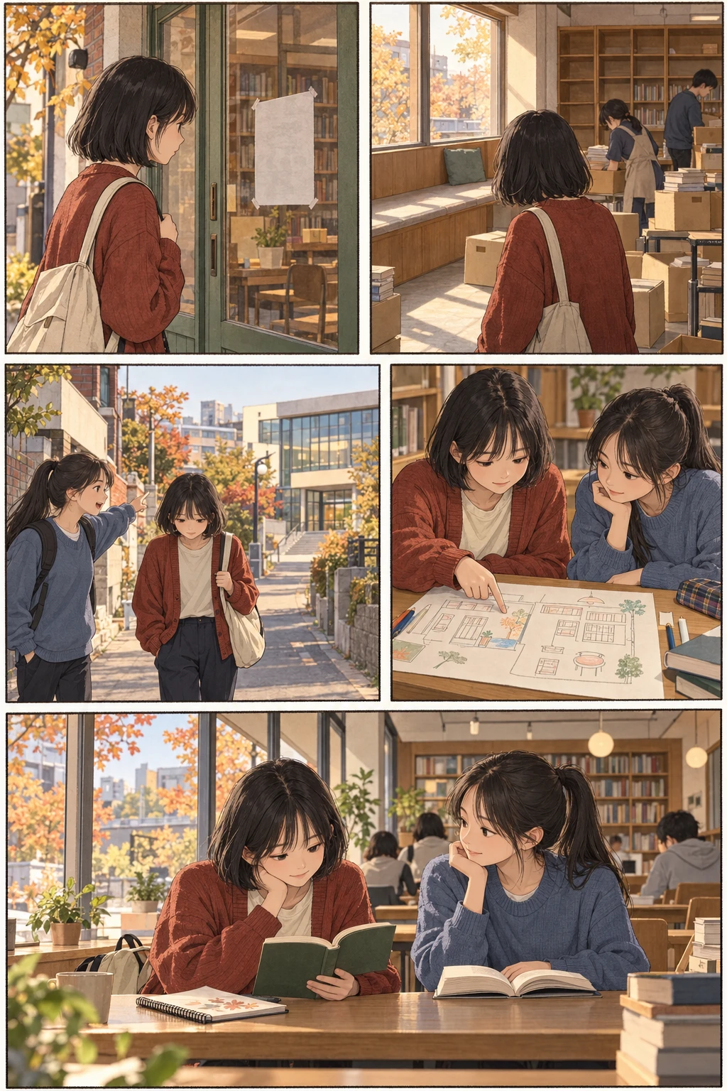 폐관하는 작은 도서관의 창가를 돌아보는 서우와, 기억 지도를 함께 그리고 새 읽기 공간을 찾는 해린의 다섯 컷 만화.