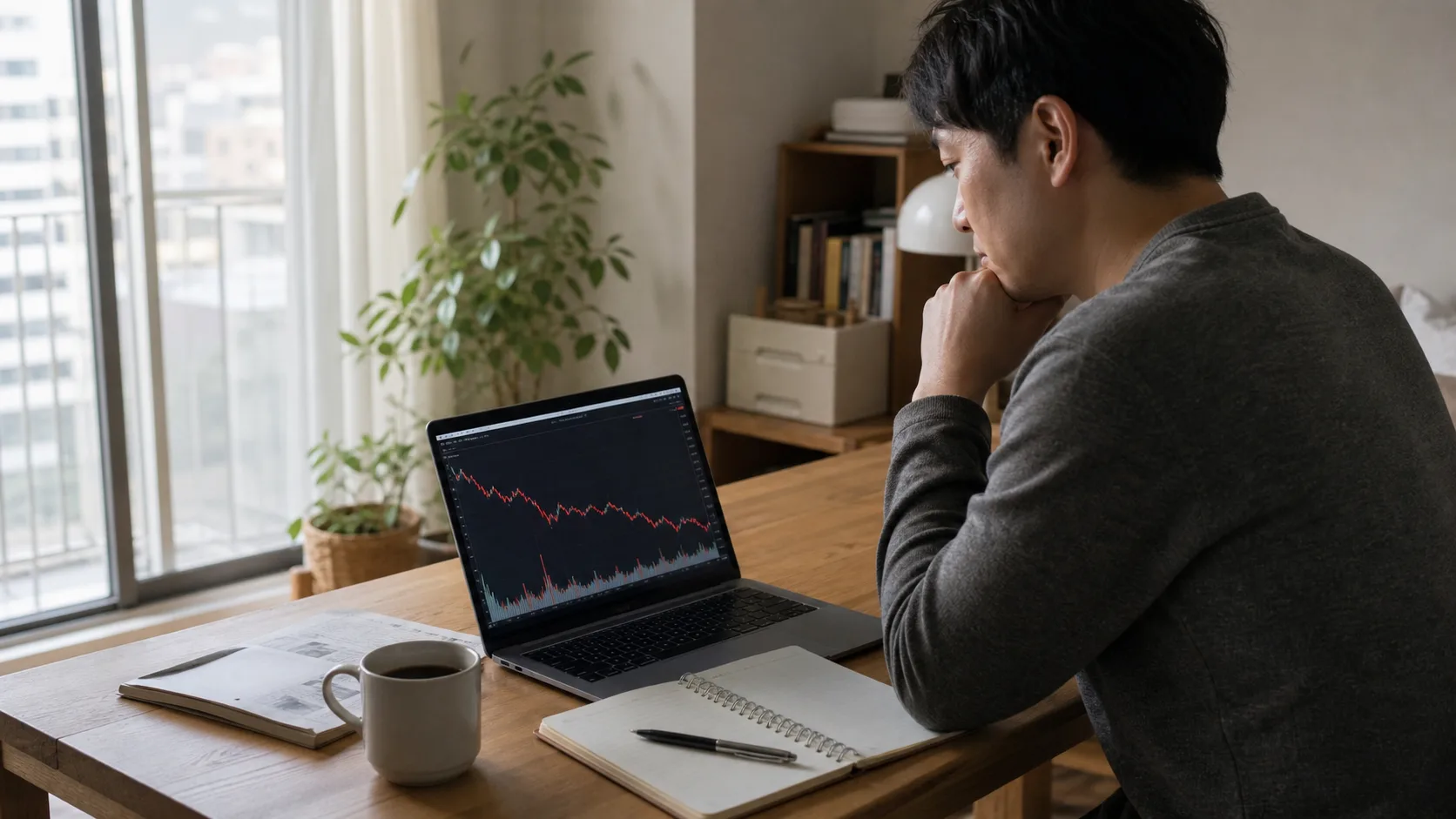 집 책상에서 하락장 차트를 보며 연금 ETF 계좌를 점검하는 한국인