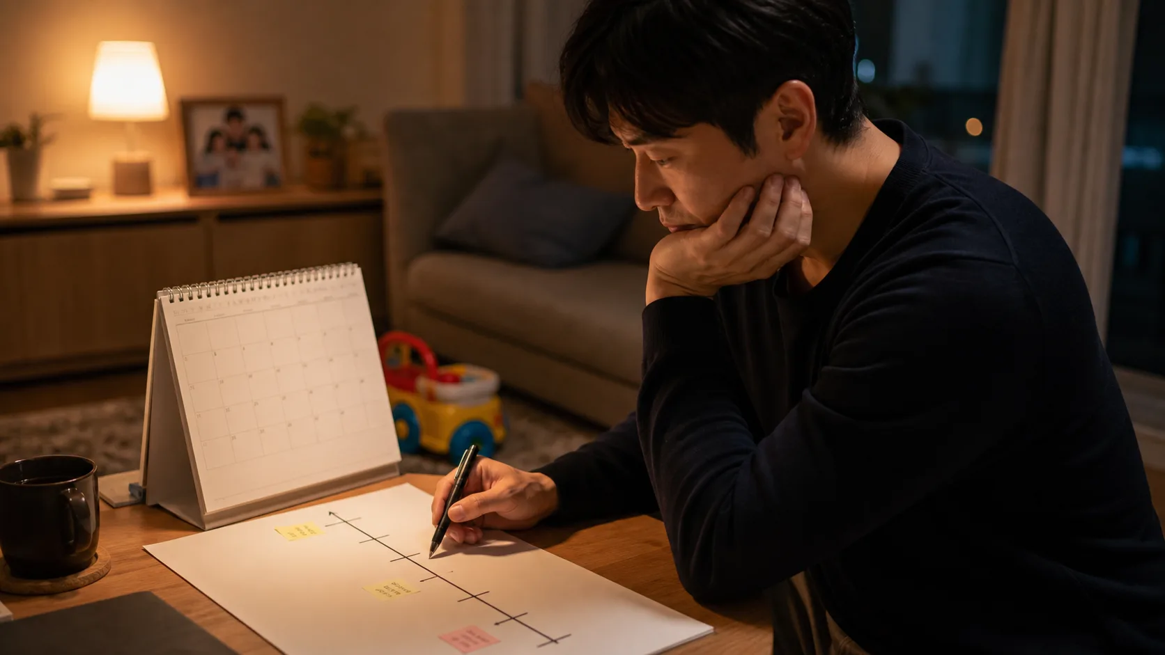 거실에서 장기 투자 일정을 종이에 그려보는 장면