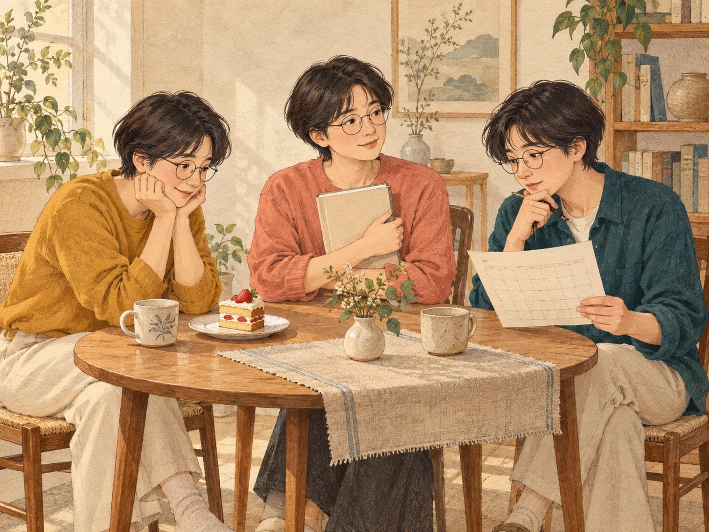 같은 모습을 한 세 인물이 식탁에 앉아 케이크, 규칙을 상징하는 책, 현실의 일정을 상징하는 달력을 두고 생각한다.