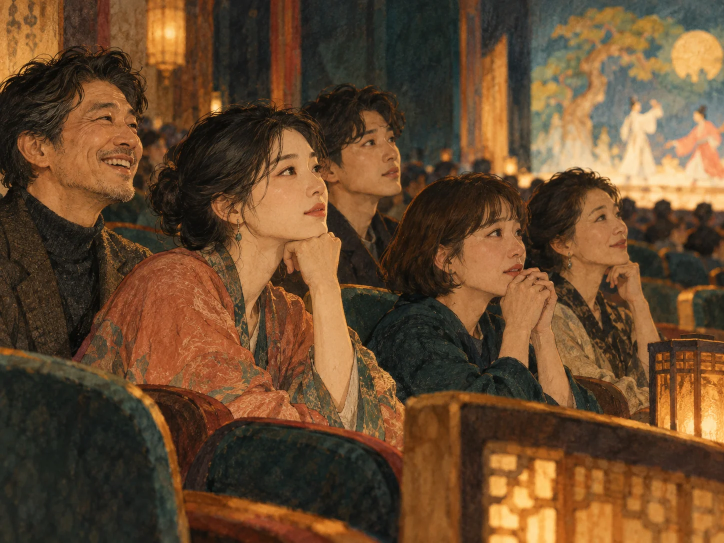 같은 공연을 보는 성인 관객들이 웃음, 생각에 잠김, 조심스러운 표정 등 서로 다른 반응을 보인다.