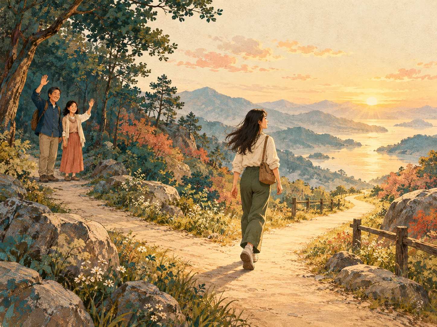 성인 여행자가 두 갈래 길 앞에서 새로운 방향을 바라보고 뒤쪽의 사람들이 조용히 응원한다.