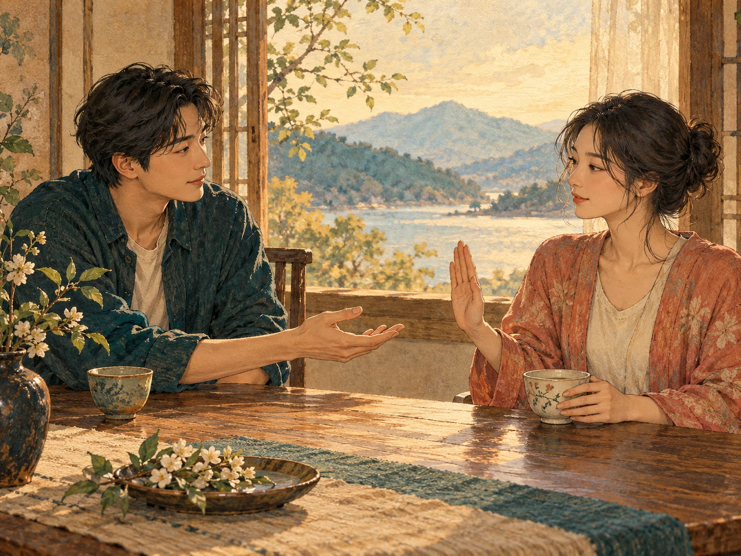 테이블 양쪽의 두 성인 중 한 사람은 도움의 손을 내밀고 다른 사람은 편안한 표정으로 자신의 공간을 표시한다.