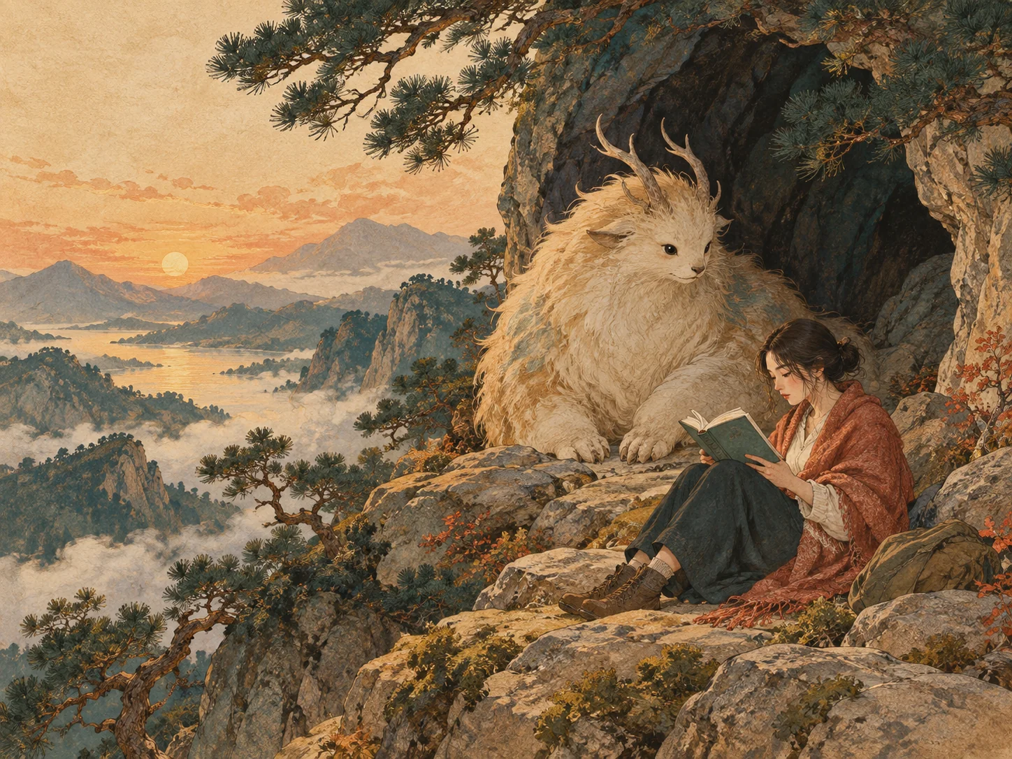 숲속 동굴 입구의 온화하고 낯선 상상 속 존재 곁에서 성인 독자가 책을 읽는다.