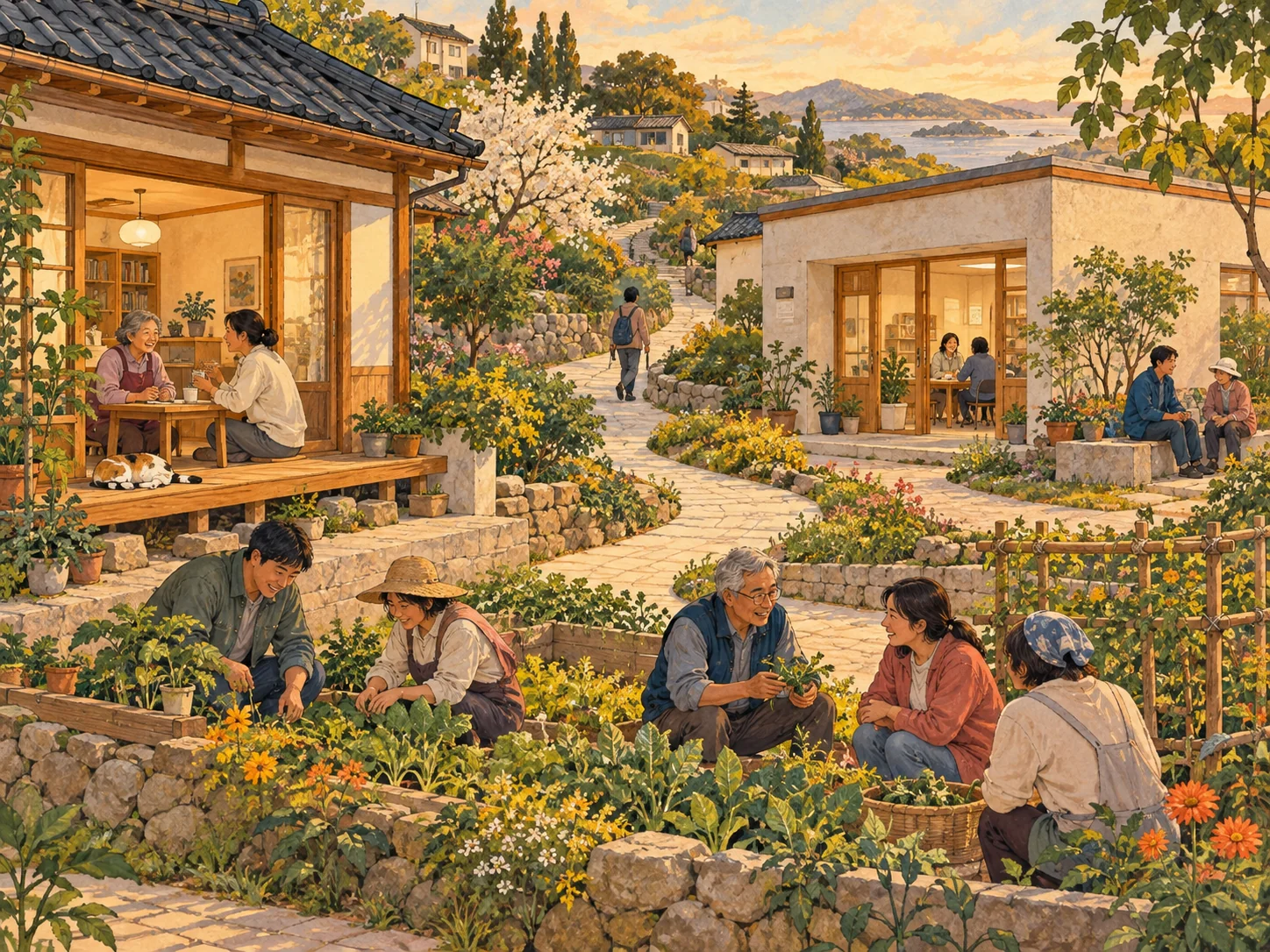 집과 조용한 돌봄 공간, 이웃이 대화하는 정원이 여러 산책로로 이어져 있다.