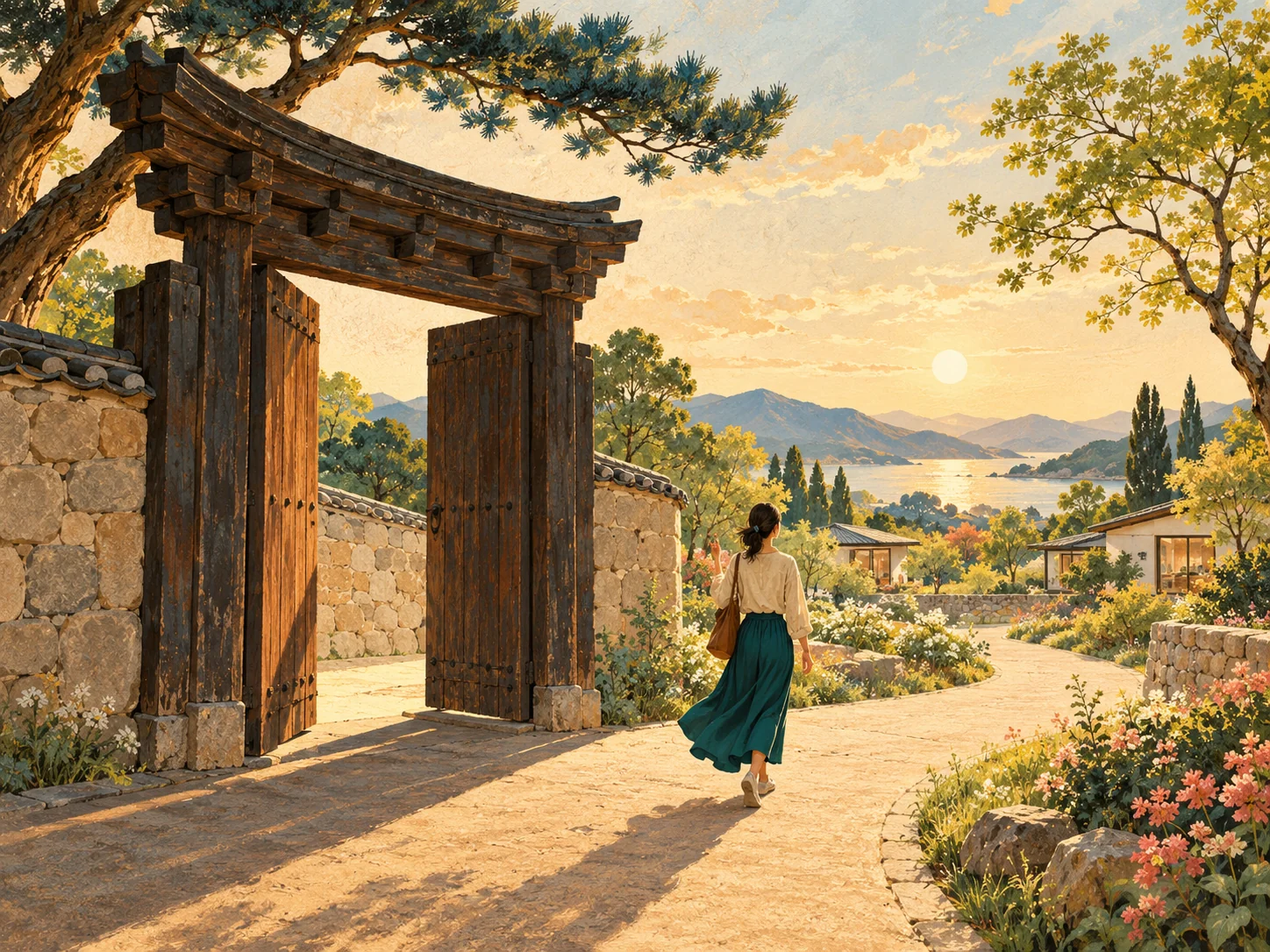글자가 없는 옛 목조 문 곁으로 열린 산책길이 이어지고 한 성인이 자신의 길을 걷는다.