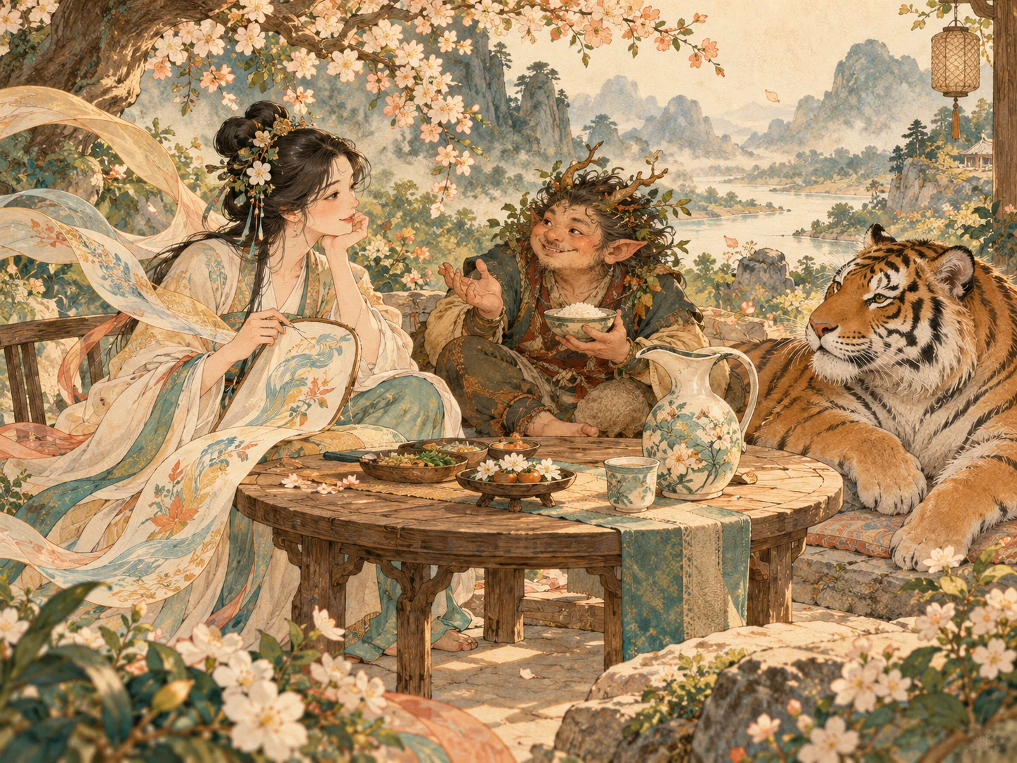 선녀와 도깨비, 호랑이와 물주전자가 놓인 둥근 식탁의 개념 그림.