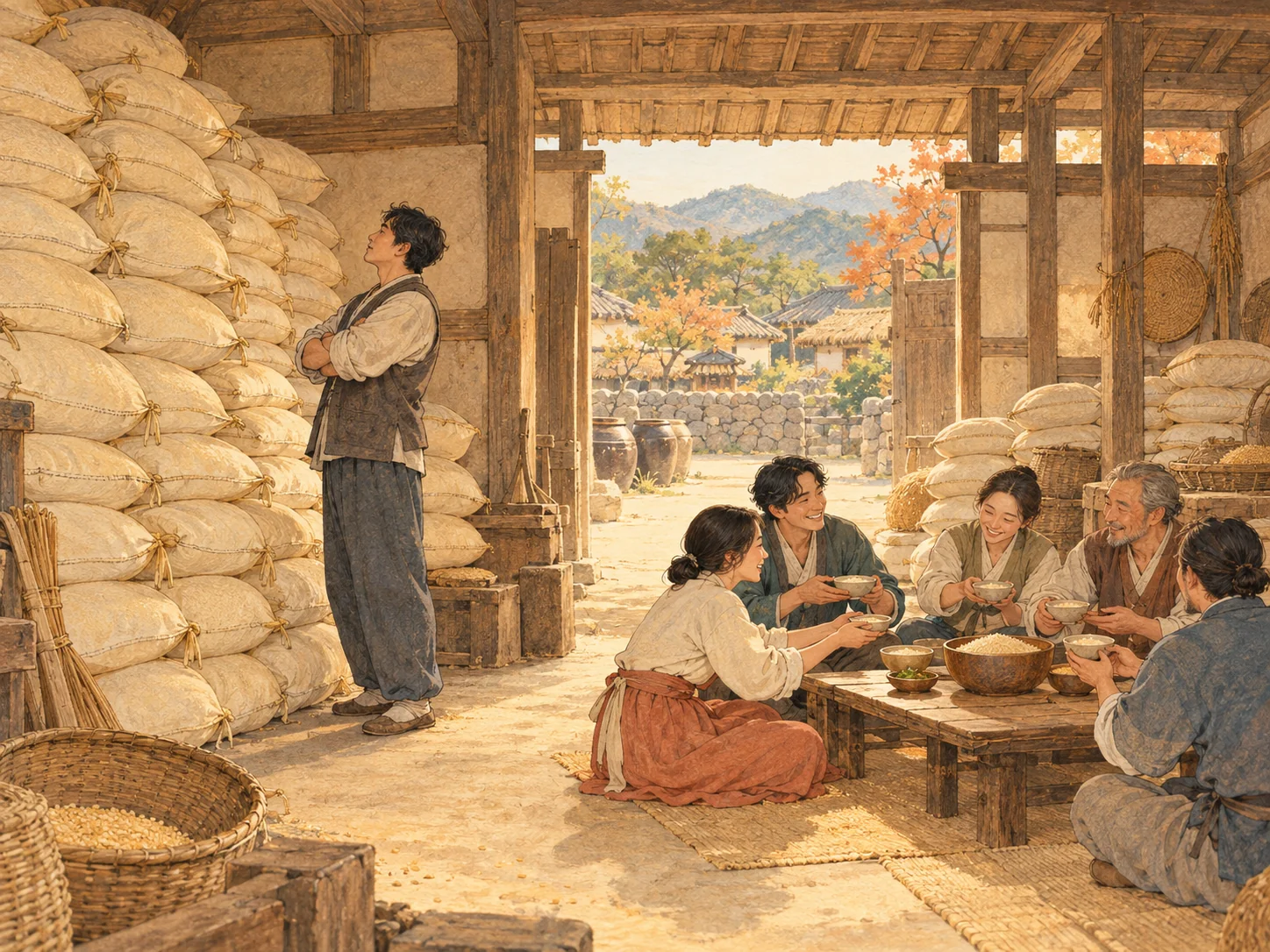 쌀이 한곳에 쌓인 창고와 여러 사람이 나누는 창고를 비교한 그림.