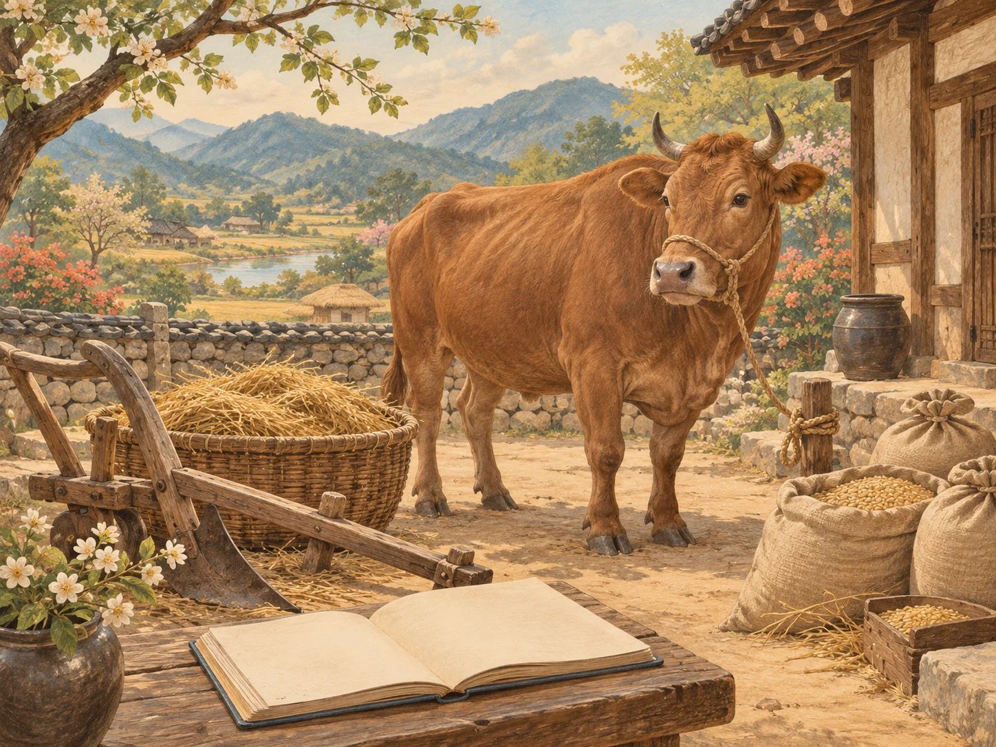 황소 주변에 농기구와 건초, 장부와 곡식이 놓인 그림.