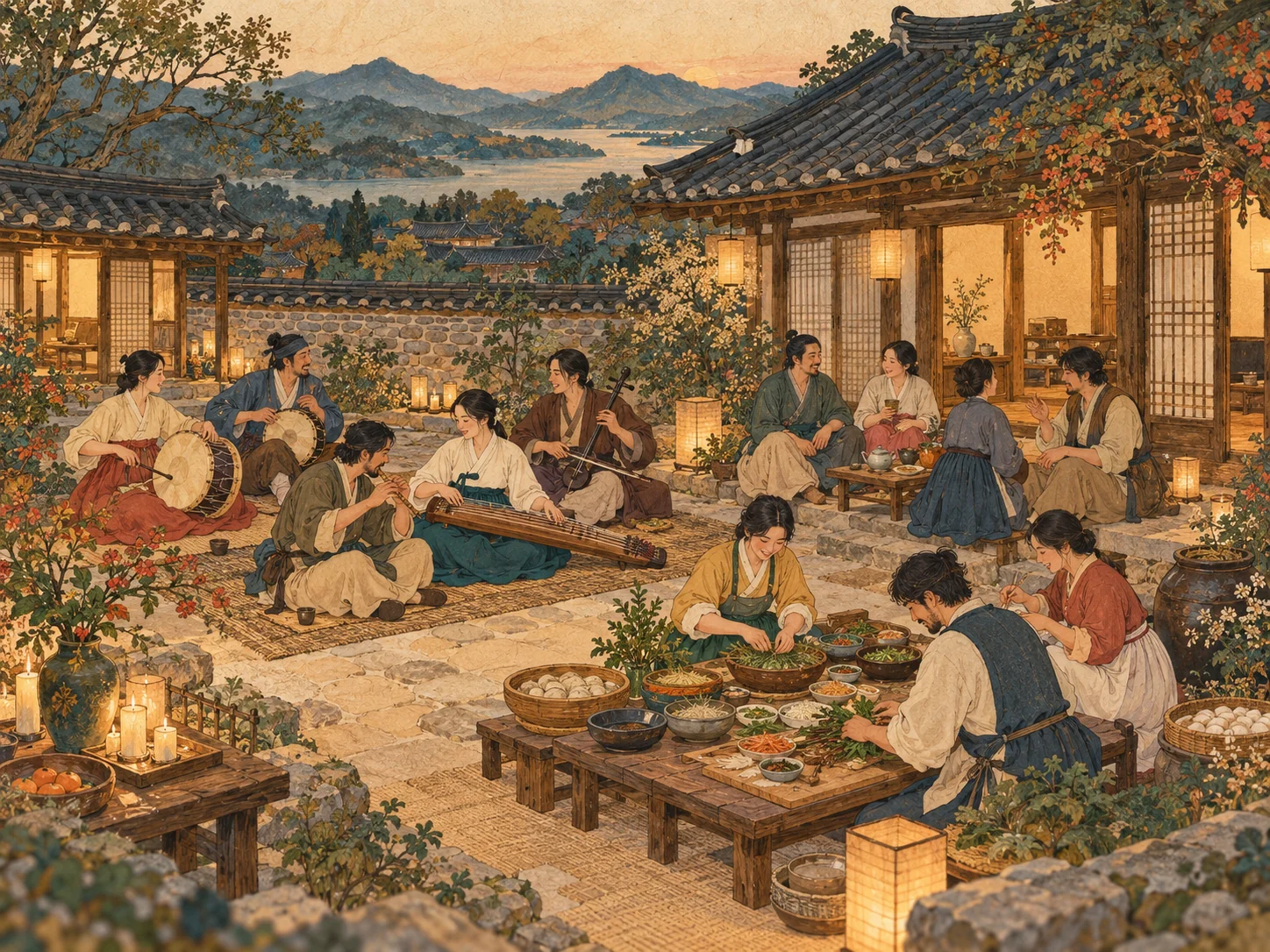 가상의 마을 마당에서 연주하고 음식을 준비하고 대화하는 사람들.