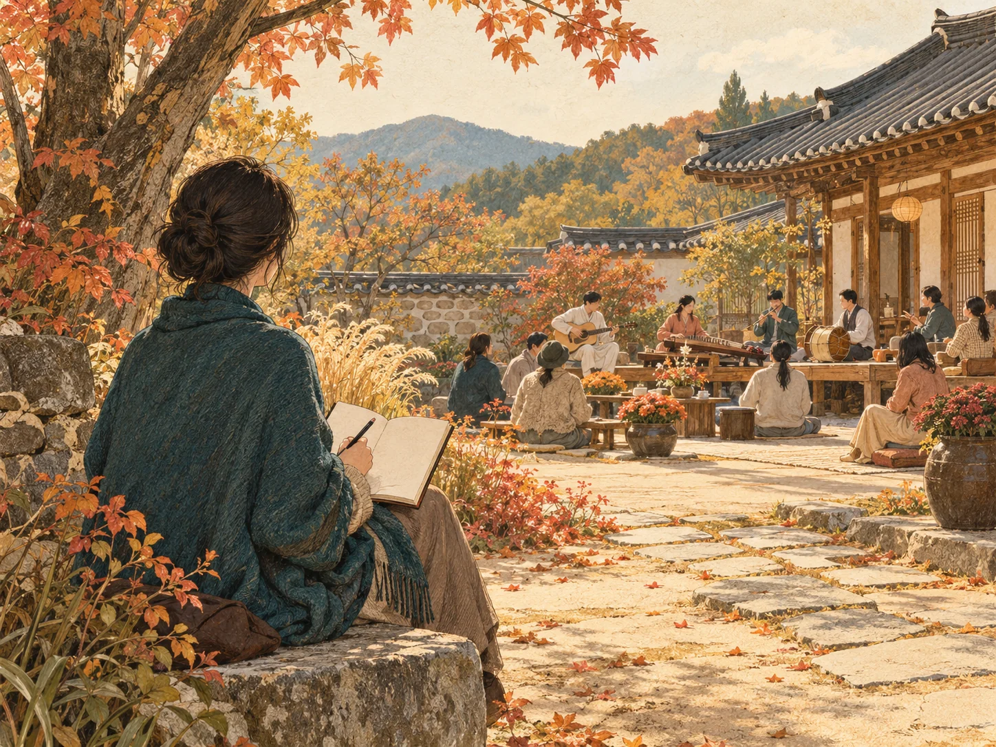 행사 공간에서 한 걸음 물러나 노트를 적는 관람자.