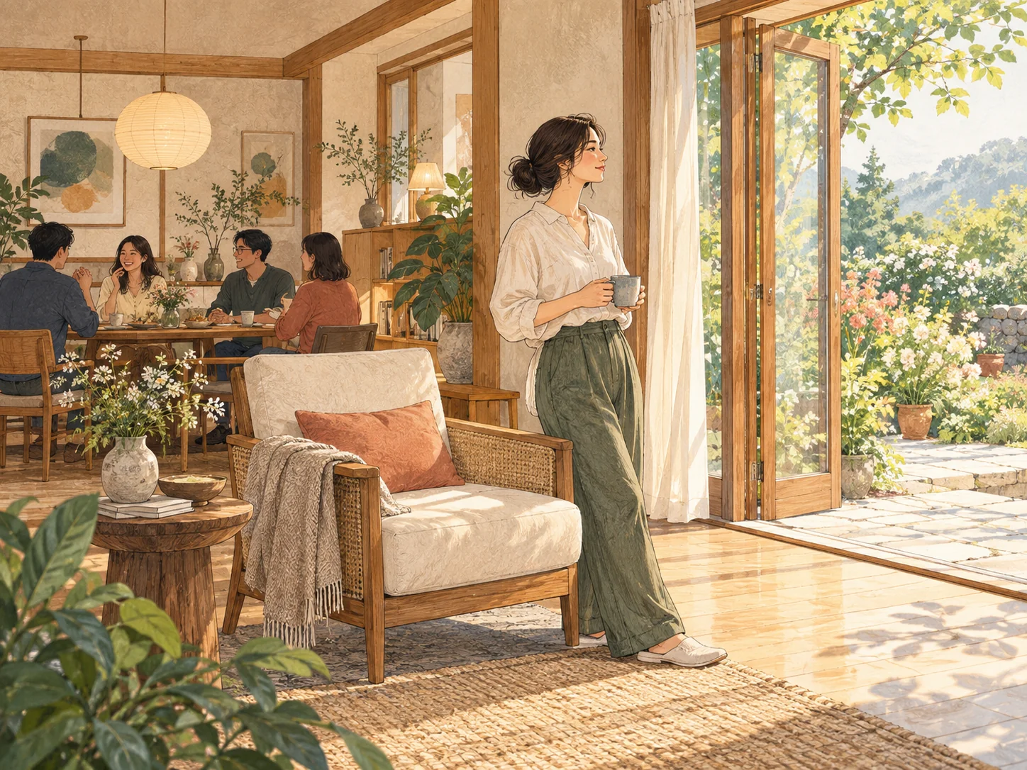 모임 공간 옆 열린 문과 휴식 의자 중 머물 곳을 선택하는 사람.