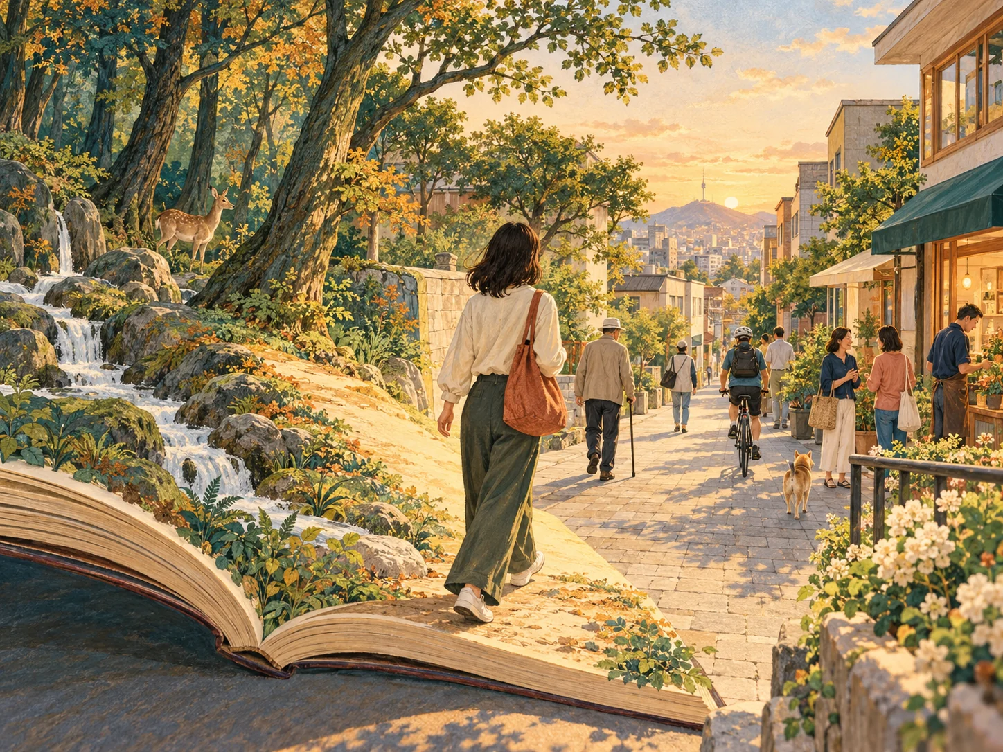 책 속 풍경에서 평범한 현대 거리로 이어지는 길을 걷는 사람.