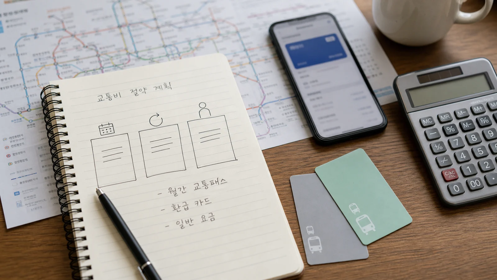 월간 교통비 절약 계획을 적은 노트와 교통카드